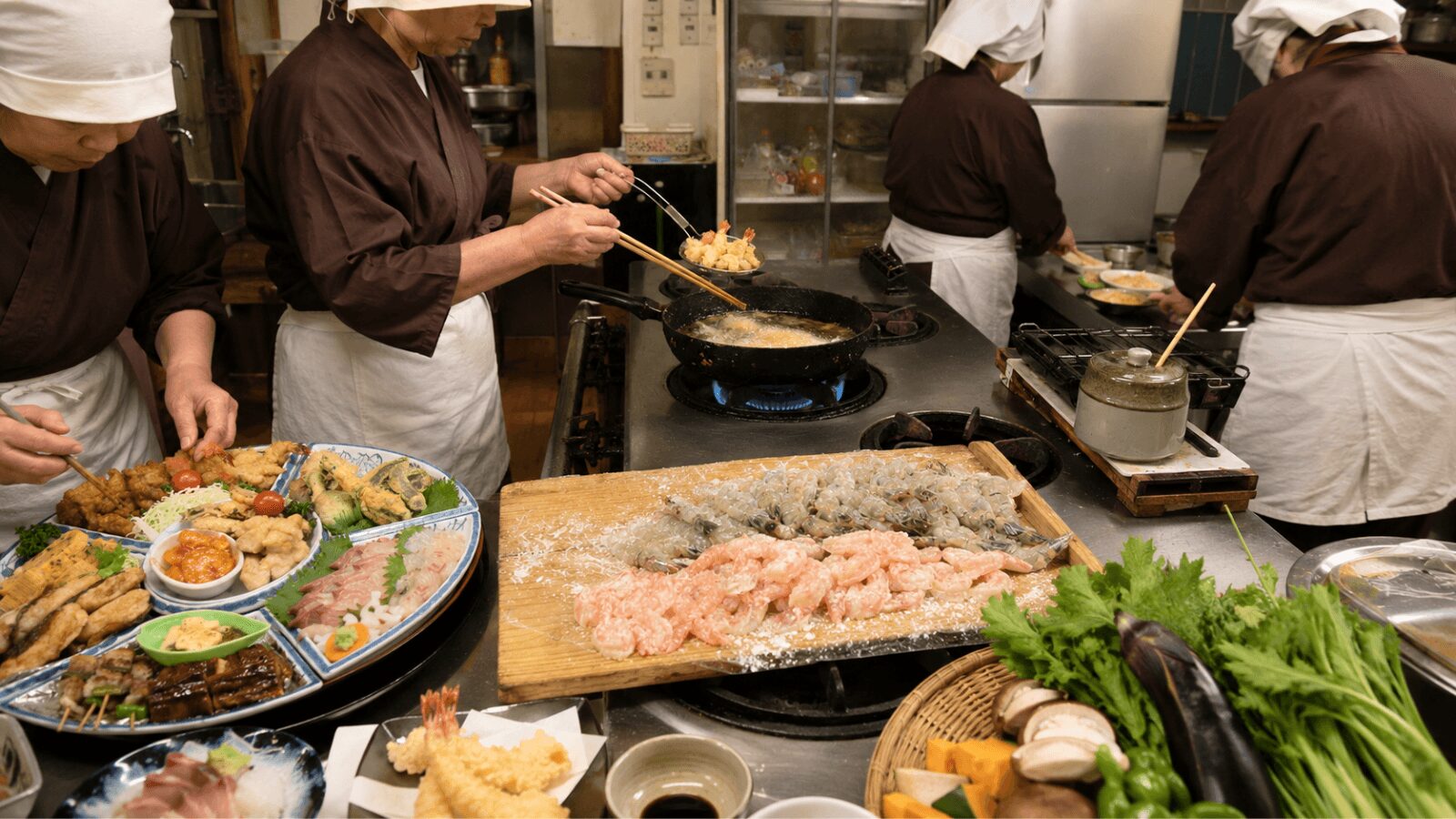 松浦市のすえひろ旅館で女将たちが手料理を準備する厨房風景